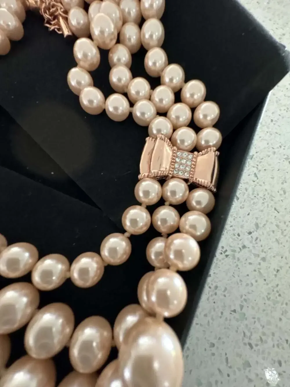 Kate Spade Moon River Triple Strand Pink Faux Pearl Necklace with Rose Gold Embe